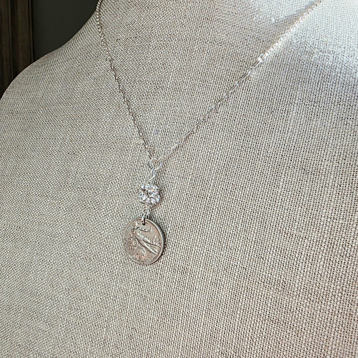 1922 Vintage Italy Coin Necklace, Rhinestone Ball, .925 Sterling Silver Chain, Gift Box, Artisan Handmade in USA, 20 Centesimi