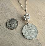 1909 Antique Italy Coin Necklace, Rhinestone Ball, .925 Sterling Silver Cable + Rolo Chain, Gift Box, Artisan Handmade in USA, 20 Centesimi