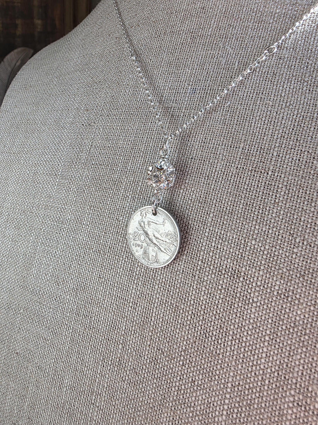 1909 Antique Italy Coin Necklace, Rhinestone Ball, .925 Sterling Silver Cable + Rolo Chain, Gift Box, Artisan Handmade in USA, 20 Centesimi