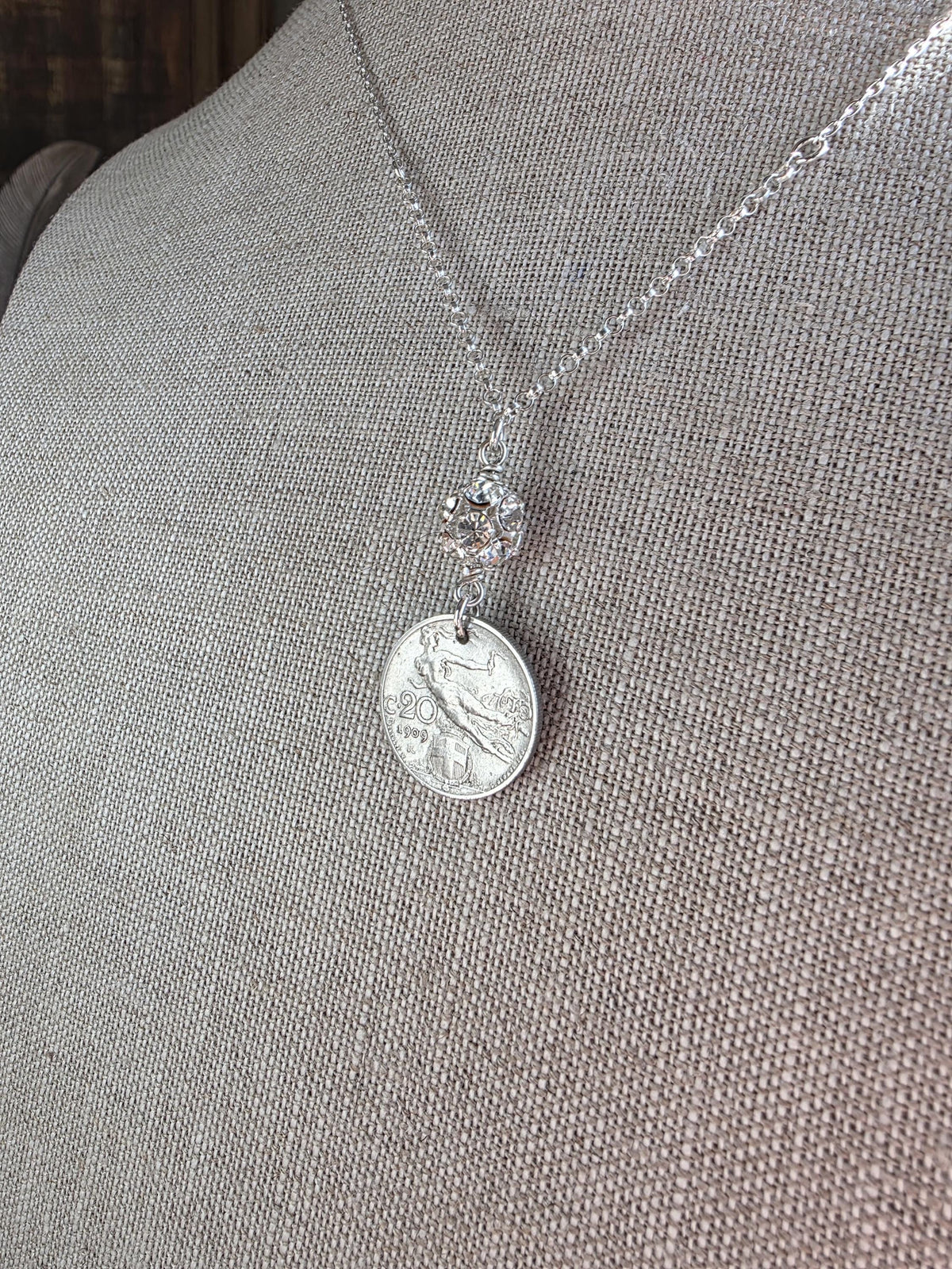 1909 Antique Italy Coin Necklace, Rhinestone Ball, .925 Sterling Silver Cable + Rolo Chain, Gift Box, Artisan Handmade in USA, 20 Centesimi