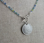 Sea Glass Style Beaded Coin Necklace, Italy Genuine Coin 20 Centesimi, Pewter Toggle, Beach Necklace Gift Box Handcrafted USA E. Ria Designs