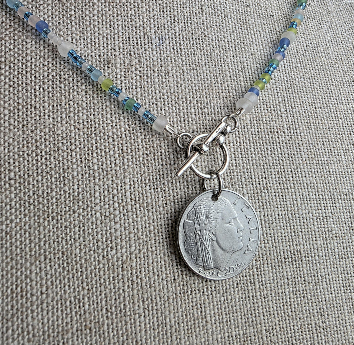 Sea Glass Style Beaded Coin Necklace, Italy Genuine Coin 20 Centesimi, Pewter Toggle, Beach Necklace Gift Box Handcrafted USA E. Ria Designs