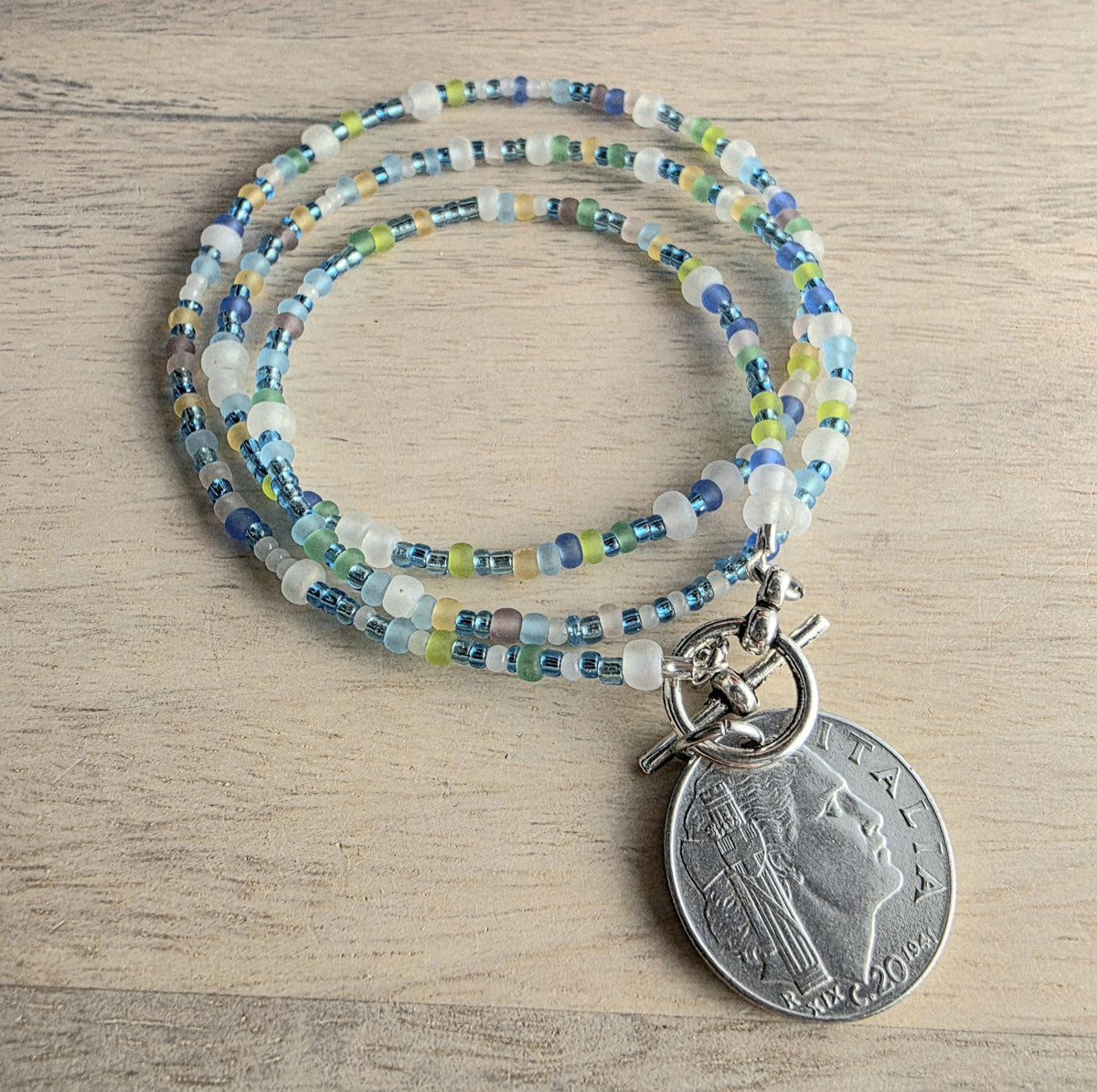 Sea Glass Style Beaded Coin Necklace, Italy Genuine Coin 20 Centesimi, Pewter Toggle, Beach Necklace Gift Box Handcrafted USA E. Ria Designs