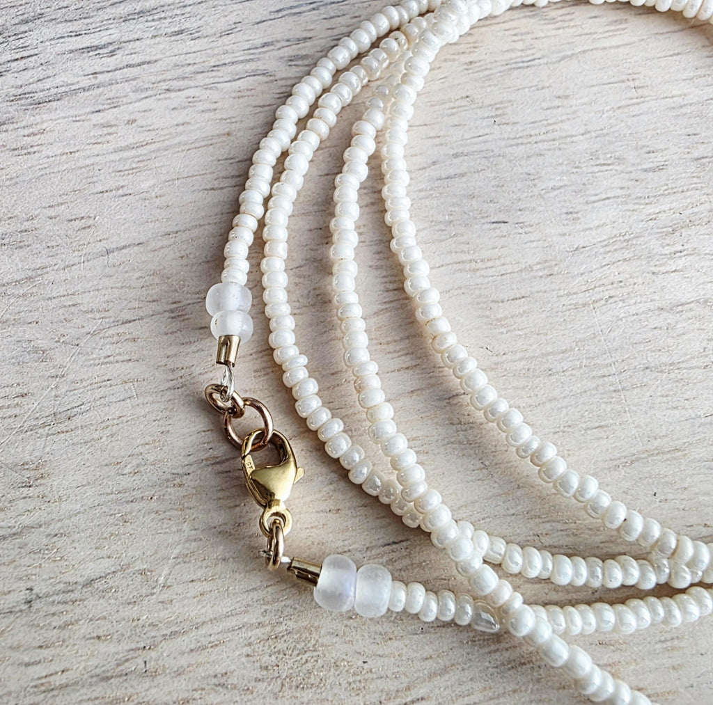 Gold Bronze Skeleton Key Pendant Necklace, Pearly Ivory Glass Seed Bead Chain, 14K Gold Filled Clasp