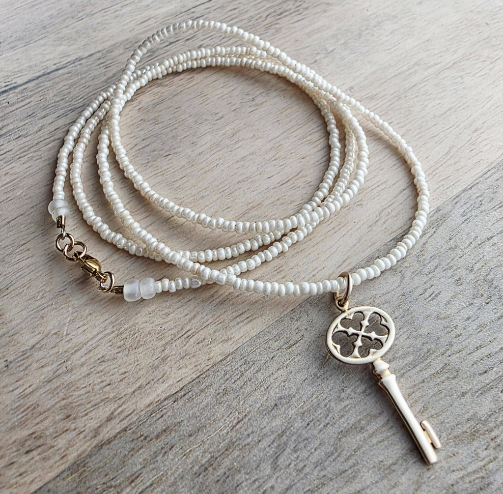 Gold Bronze Skeleton Key Pendant Necklace, Pearly Ivory Glass Seed Bead Chain, 14K Gold Filled Clasp