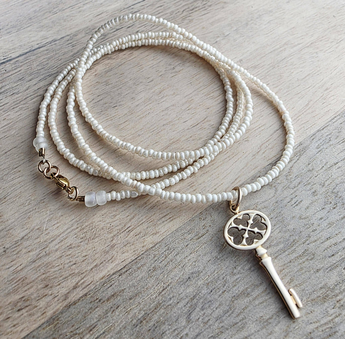 Gold Bronze Skeleton Key Pendant Necklace, Pearly Ivory Glass Seed Bead Chain, 14K Gold Filled Clasp