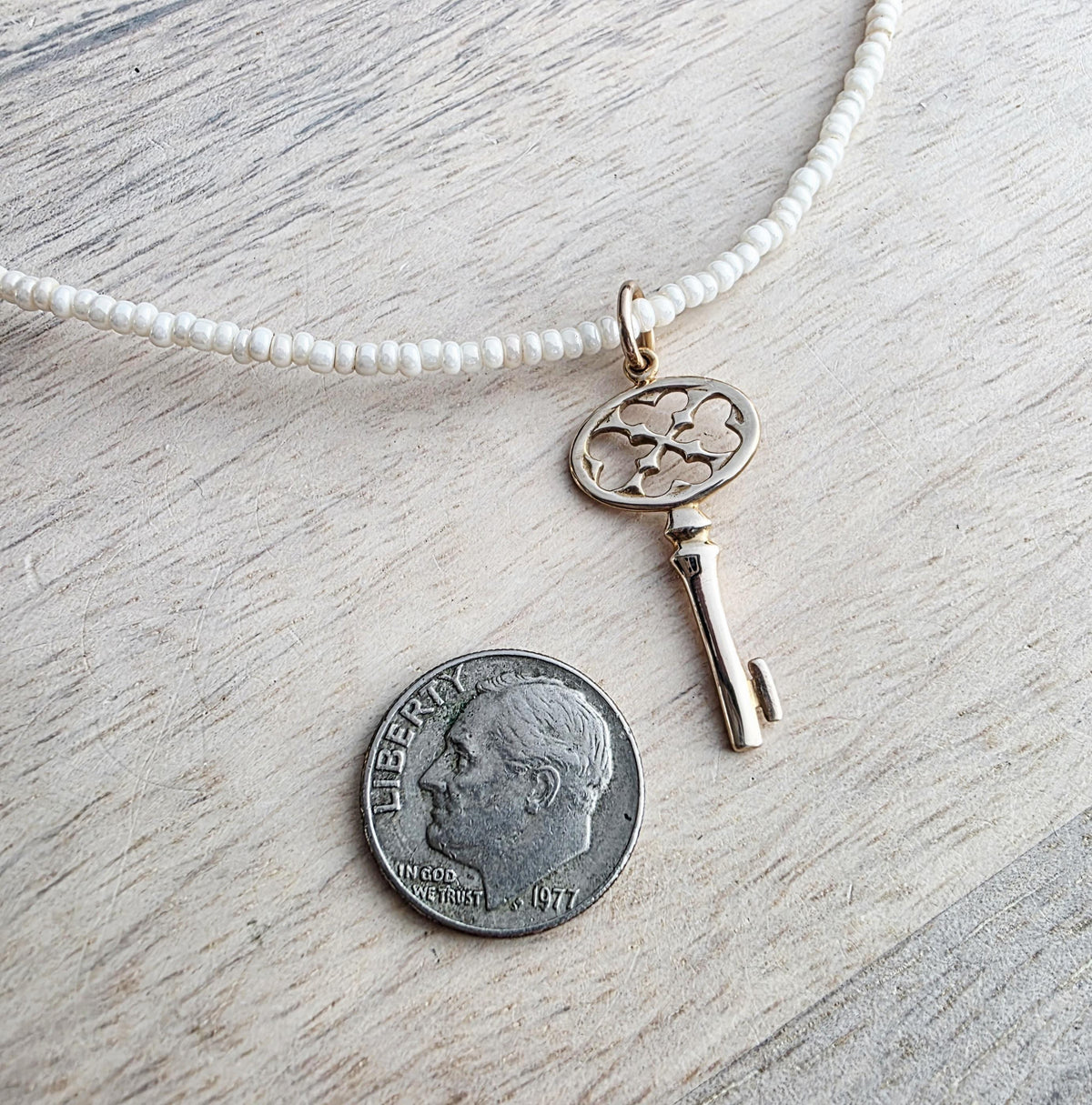 Gold Bronze Skeleton Key Pendant Necklace, Pearly Ivory Glass Seed Bead Chain, 14K Gold Filled Clasp