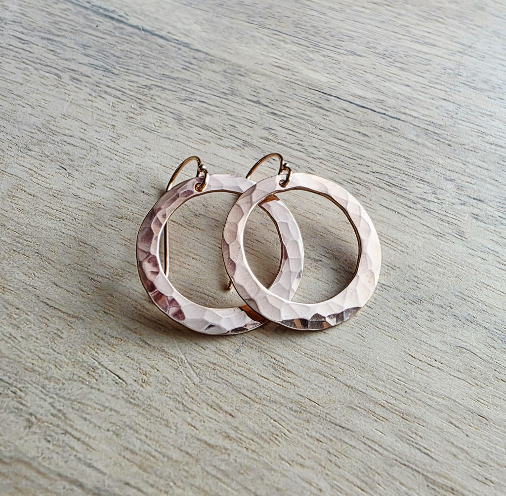 Hammered 14K Rose Gold Filled Hoop Earrings, Artisan French Ear Wires, 1 Inch