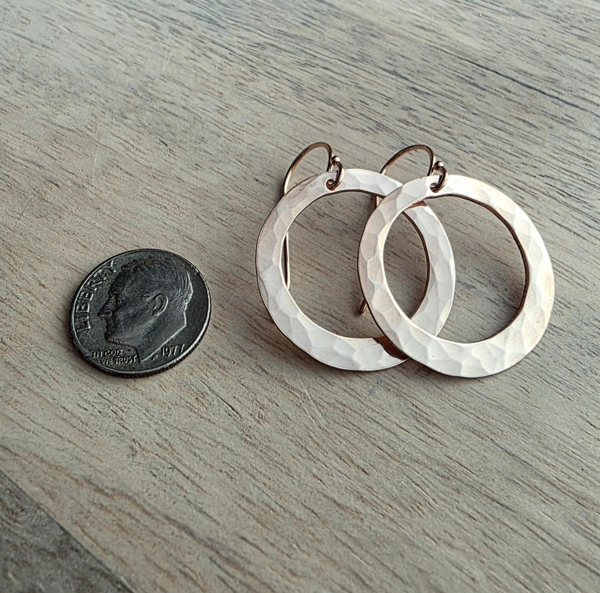 Hammered 14K Rose Gold Filled Hoop Earrings, Artisan French Ear Wires, 1 Inch