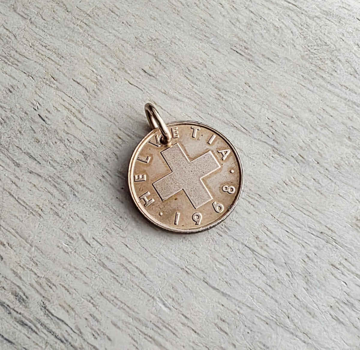 1 Rappen Helvetia Switzerland Swiss Cross Coin, Vintage 1968, Charm or Pendant for Bracelet or Necklace, Gift Boxed, Handcrafted in USA