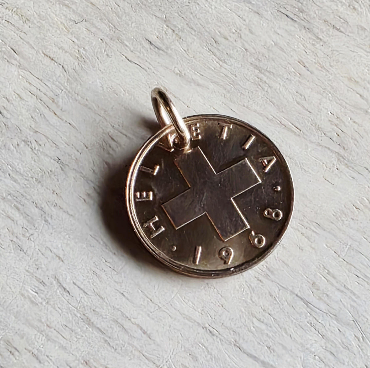 1 Rappen Helvetia Switzerland Swiss Cross Coin, Vintage 1968, Charm or Pendant for Bracelet or Necklace, Gift Boxed, Handcrafted in USA