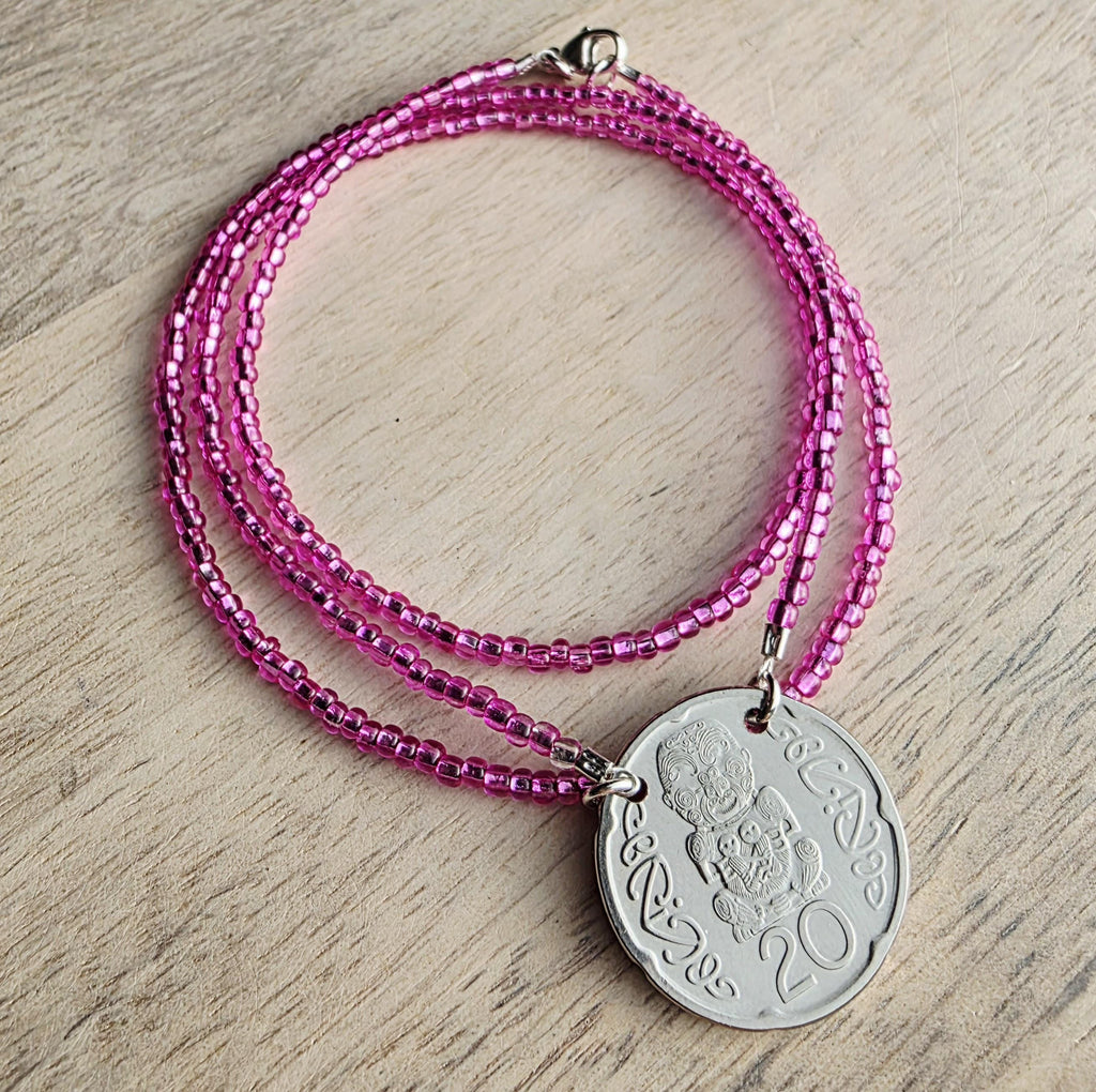 Fuchsia Glass Seed Bead Coin Necklace, 2006 New Zealand 20 Cent Coin Jewelry, Māori Carving of Pukaki, Gift Boxed, Artisan Handmade in USA