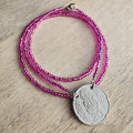 Fuchsia Glass Seed Bead Coin Necklace, 2006 New Zealand 20 Cent Coin Jewelry, Māori Carving of Pukaki, Gift Boxed, Artisan Handmade in USA