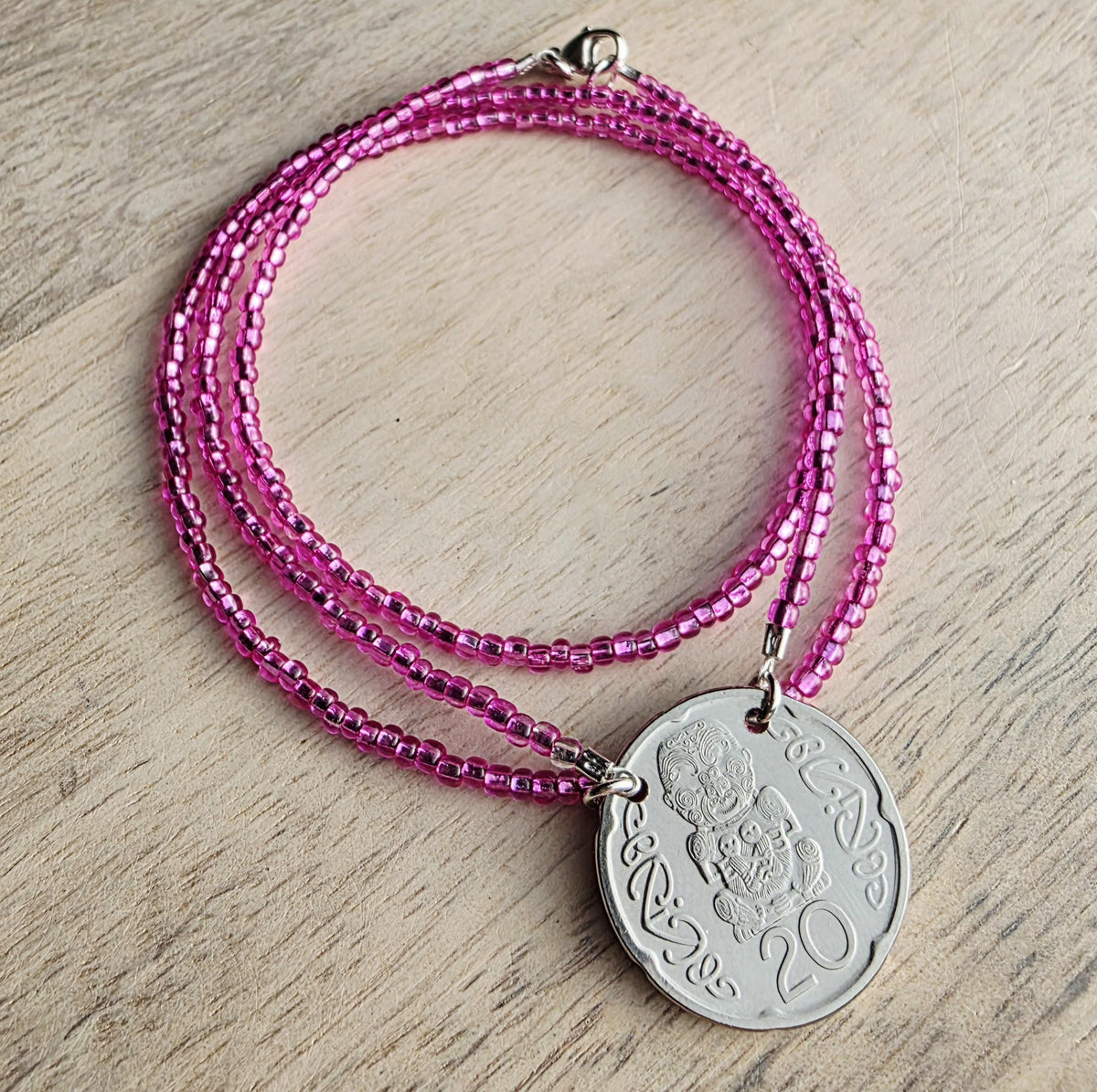 Fuchsia Glass Seed Bead Coin Necklace, 2006 New Zealand 20 Cent Coin Jewelry, Māori Carving of Pukaki, Gift Boxed, Artisan Handmade in USA