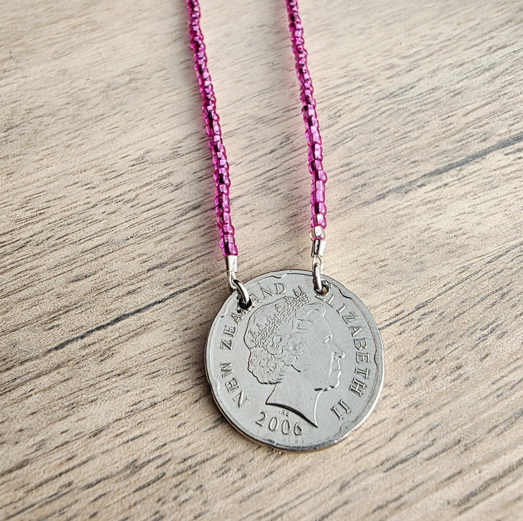 Fuchsia Glass Seed Bead Coin Necklace, 2006 New Zealand 20 Cent Coin Jewelry, Māori Carving of Pukaki, Gift Boxed, Artisan Handmade in USA