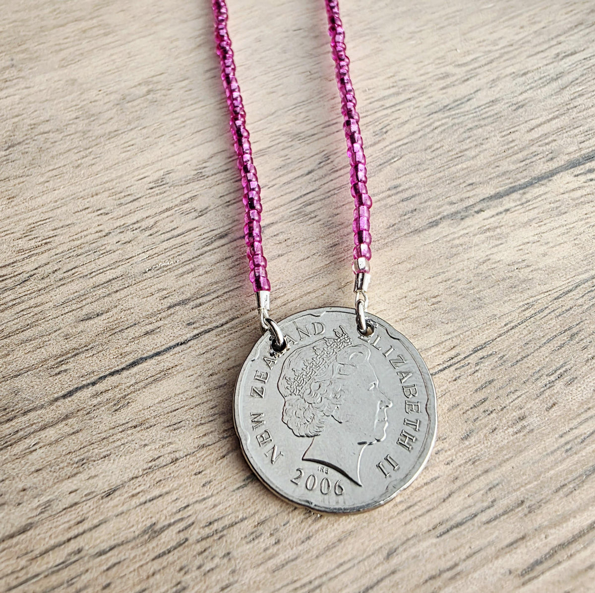 Fuchsia Glass Seed Bead Coin Necklace, 2006 New Zealand 20 Cent Coin Jewelry, Māori Carving of Pukaki, Gift Boxed, Artisan Handmade in USA