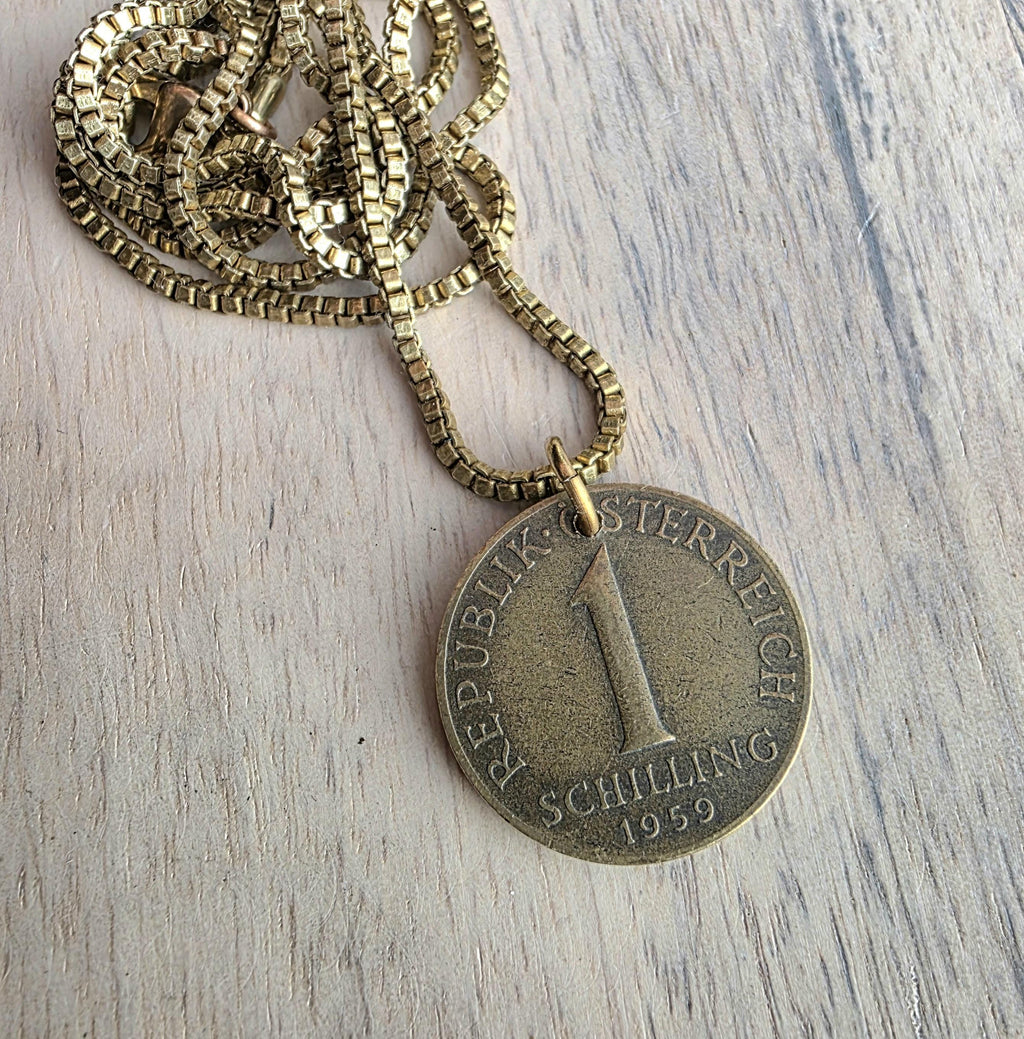 Austrian Schilling Flower Coin Necklace, Brass, Box Chain, Lobster Claw Clasp, Made in USA, Gift Boxed