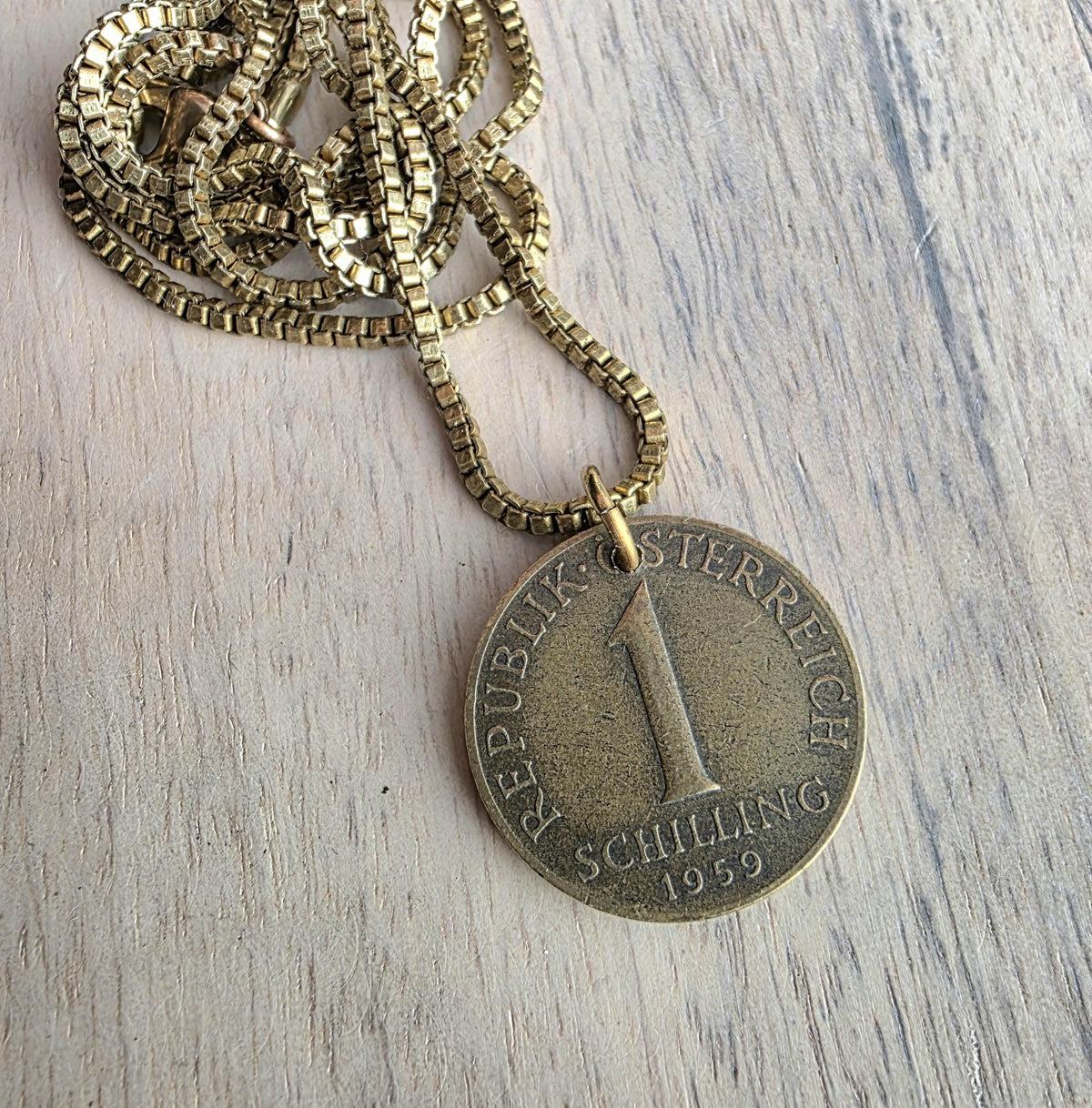 Austrian Schilling Flower Coin Necklace, Brass, Box Chain, Lobster Claw Clasp, Made in USA, Gift Boxed