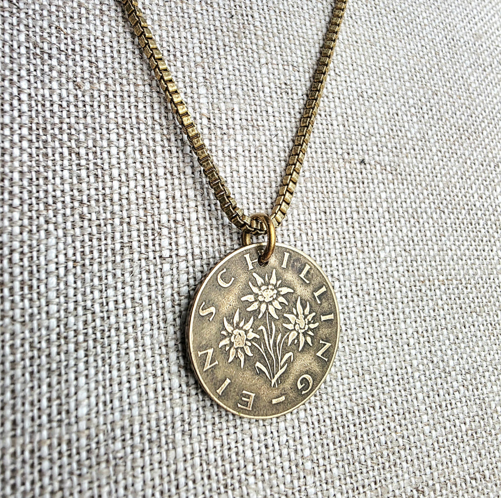 Austrian Schilling Flower Coin Necklace, Brass, Box Chain, Lobster Claw Clasp, Made in USA, Gift Boxed