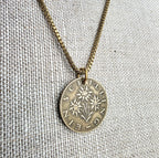 Austrian Schilling Flower Coin Necklace, Brass, Box Chain, Lobster Claw Clasp, Made in USA, Gift Boxed