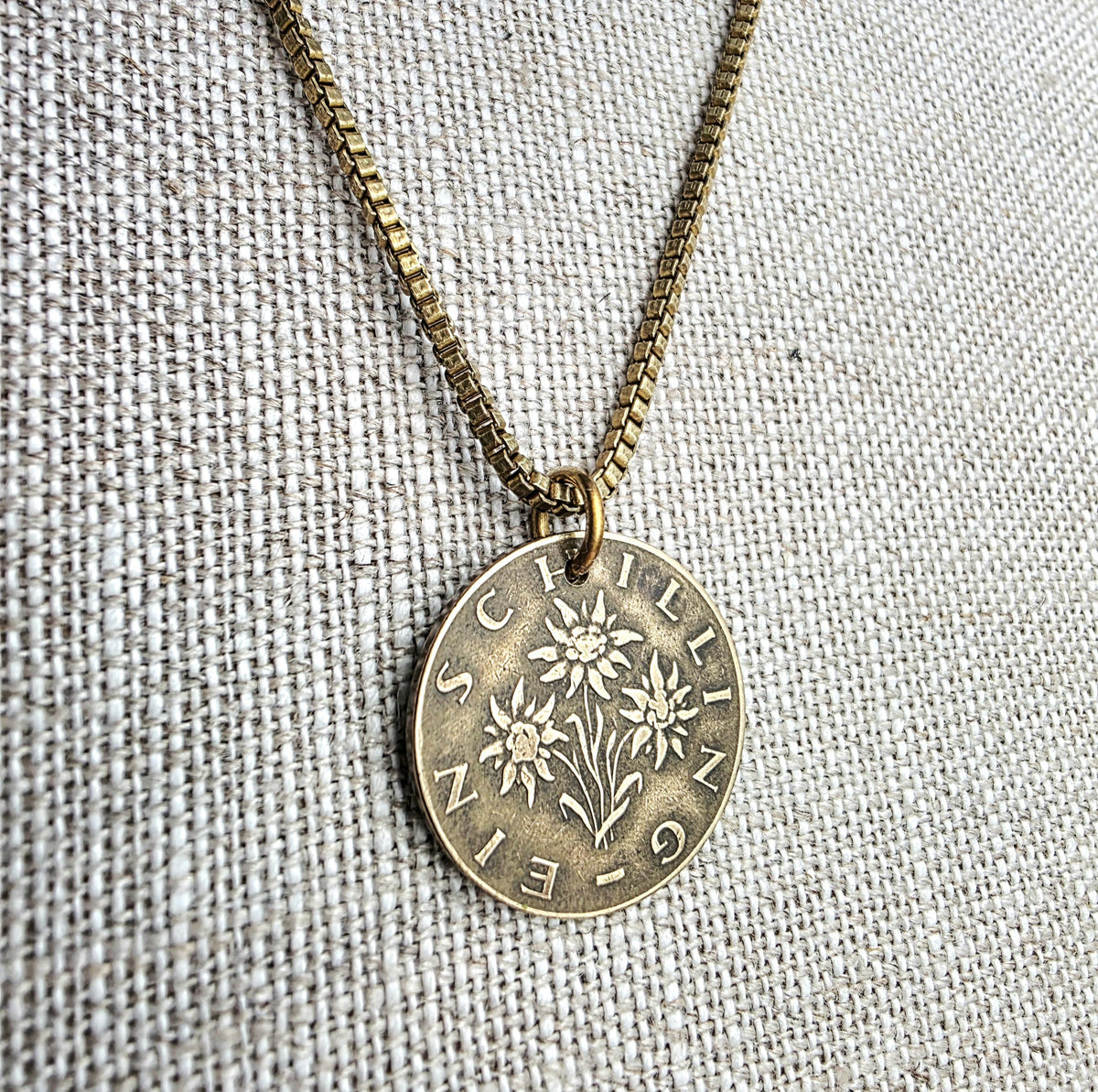 Austrian Schilling Flower Coin Necklace, Brass, Box Chain, Lobster Claw Clasp, Made in USA, Gift Boxed