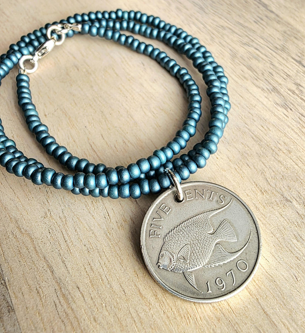 1970 Bermuda Fish Coin Necklace, Dark Peacock Teal Glass Seed Bead Chain, 5 Cents, Gift Boxed, Made in USA