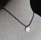 1970 Bermuda Fish Coin Necklace, Dark Peacock Teal Glass Seed Bead Chain, 5 Cents, Gift Boxed, Made in USA