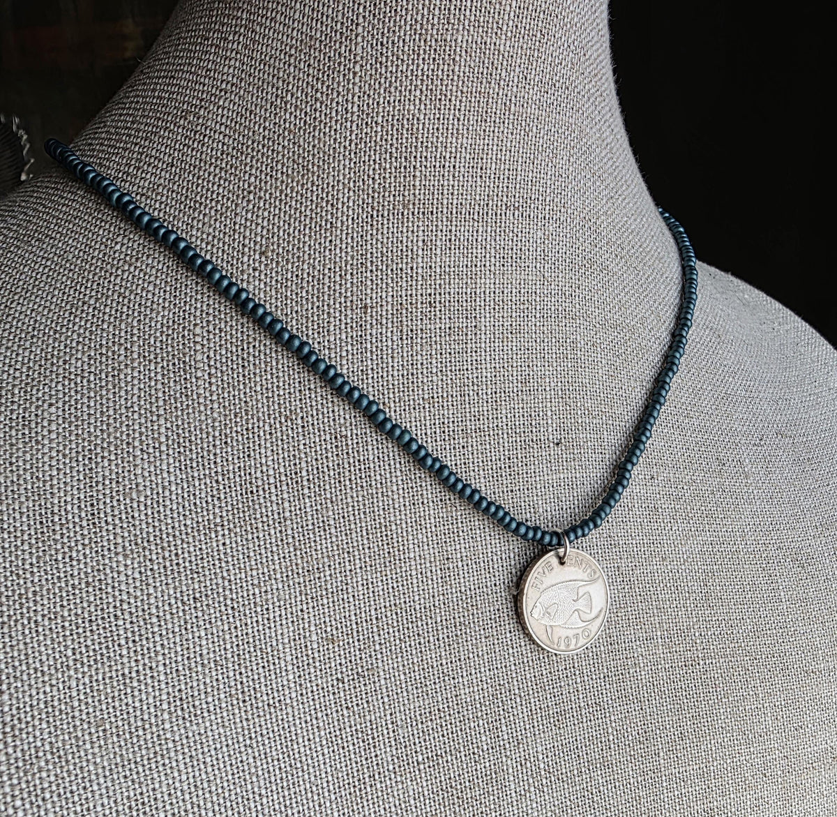 1970 Bermuda Fish Coin Necklace, Dark Peacock Teal Glass Seed Bead Chain, 5 Cents, Gift Boxed, Made in USA