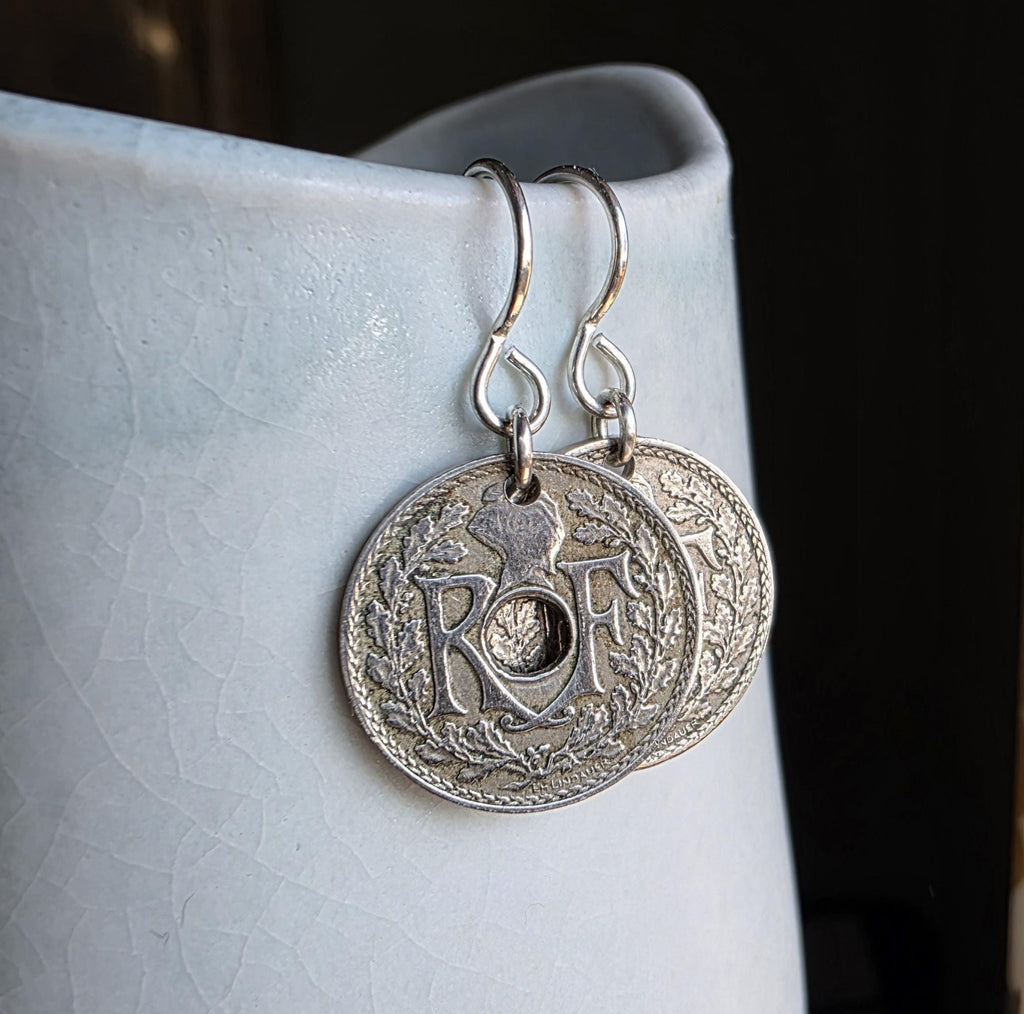 French Washer Coin Earrings, .925 Sterling Silver Ear Wires, 5 Cents, Handcrafted USA, E. Ria Designs, Gift Box