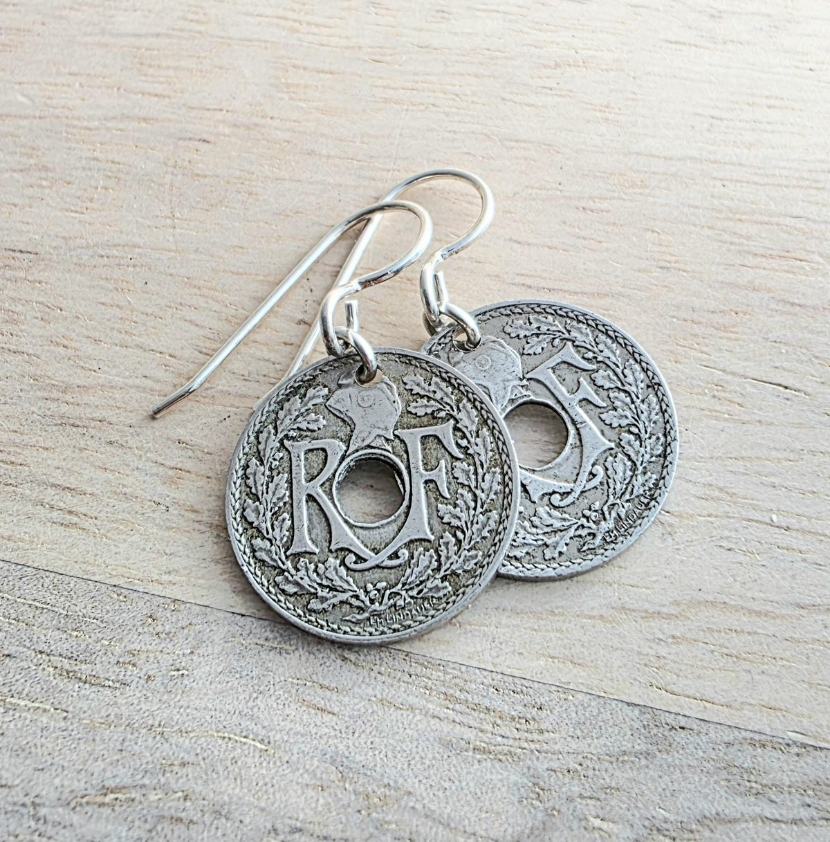 French Washer Coin Earrings, .925 Sterling Silver Ear Wires, 5 Cents, Handcrafted USA, E. Ria Designs, Gift Box
