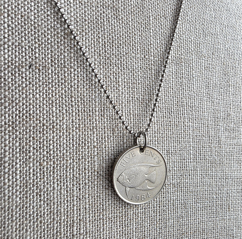 1984 Vintage Bermuda Fish Coin Necklace, Stainless Steel Ball Chain, Gift Boxed, Birthday or Anniversary Gift, Made in USA, ERiaDesigns