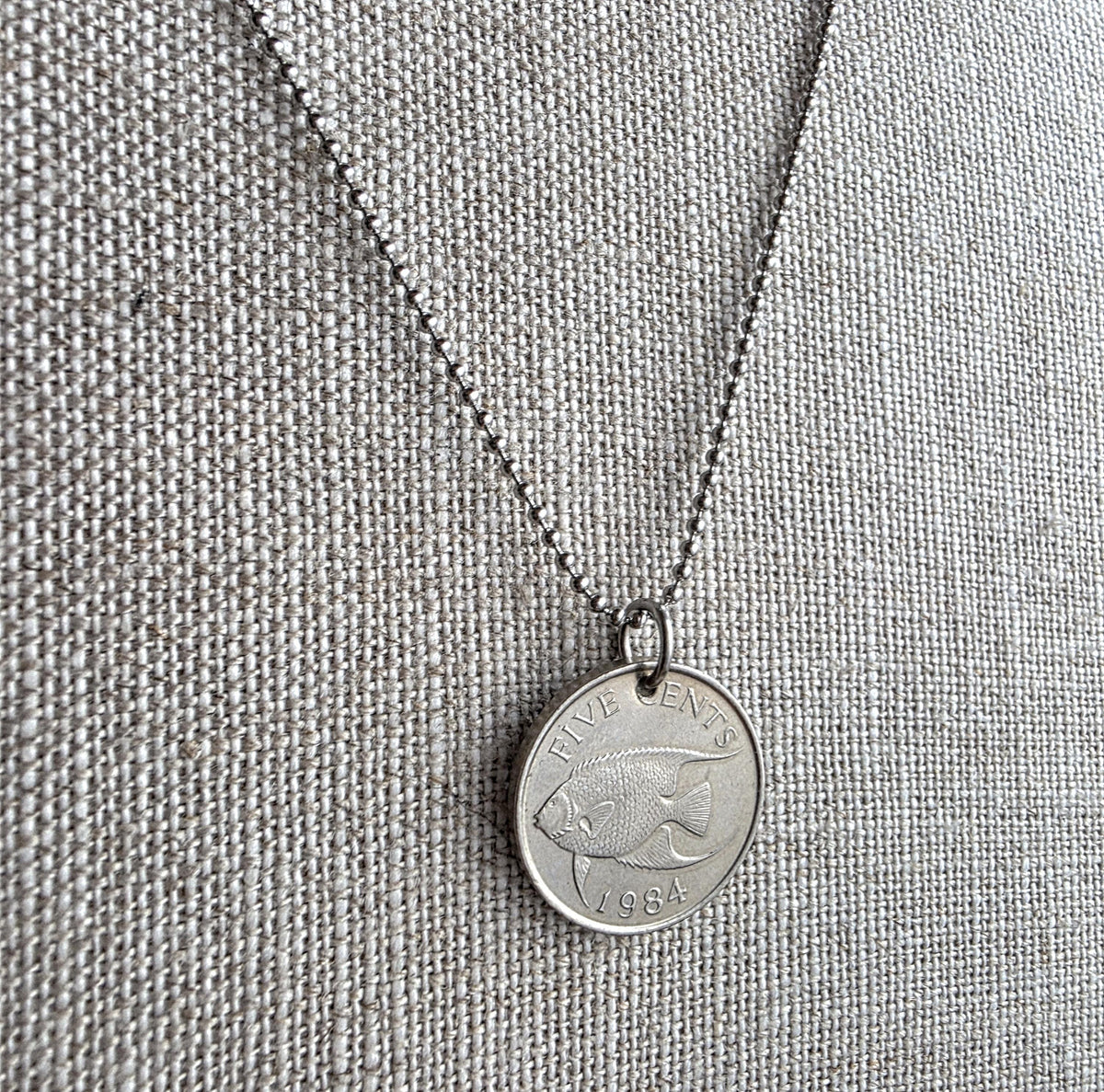 1984 Vintage Bermuda Fish Coin Necklace, Stainless Steel Ball Chain, Gift Boxed, Birthday or Anniversary Gift, Made in USA, ERiaDesigns