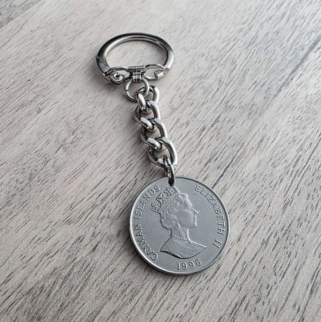1996 Cayman Islands Coin Keychain, 25 Cent, Schooner Ship, Maritime Gift, Birthday Gift, Gift Boxed, Handcrafted in USA by E. Ria Designs