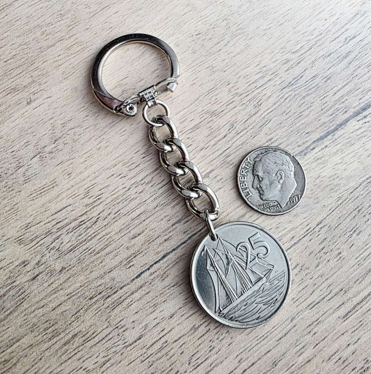 1996 Cayman Islands Coin Keychain, 25 Cent, Schooner Ship, Maritime Gift, Birthday Gift, Gift Boxed, Handcrafted in USA by E. Ria Designs