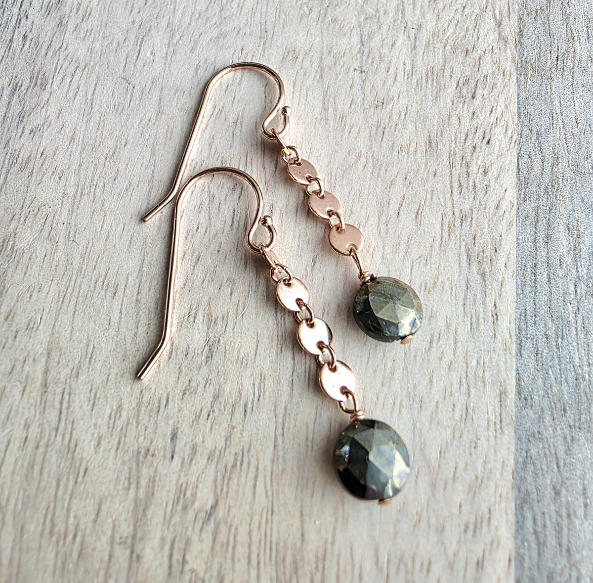 14K Rose Gold Filled Circle Chain Drop Earrings, Faceted Round Pyrite Beads, Gift Boxed, Made in USA, Handcrafted by E. Ria Designs