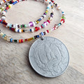 Genuine Italian Coin Necklace, Old Italy 2 Lira, Mixed Color Seed Bead Necklace, Made in USA, E. Ria Designs