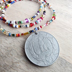 Genuine Italian Coin Necklace, Old Italy 2 Lira, Mixed Color Seed Bead Necklace, Made in USA, E. Ria Designs