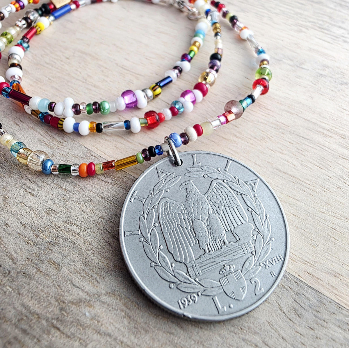 Genuine Italian Coin Necklace, Old Italy 2 Lira, Mixed Color Seed Bead Necklace, Made in USA, E. Ria Designs