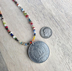 Genuine Italian Coin Necklace, Old Italy 2 Lira, Mixed Color Seed Bead Necklace, Made in USA, E. Ria Designs