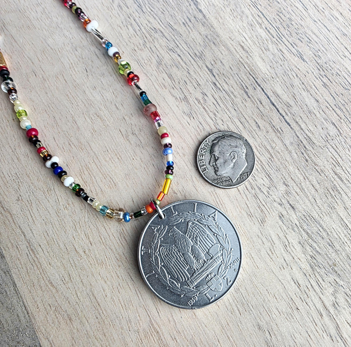 Genuine Italian Coin Necklace, Old Italy 2 Lira, Mixed Color Seed Bead Necklace, Made in USA, E. Ria Designs