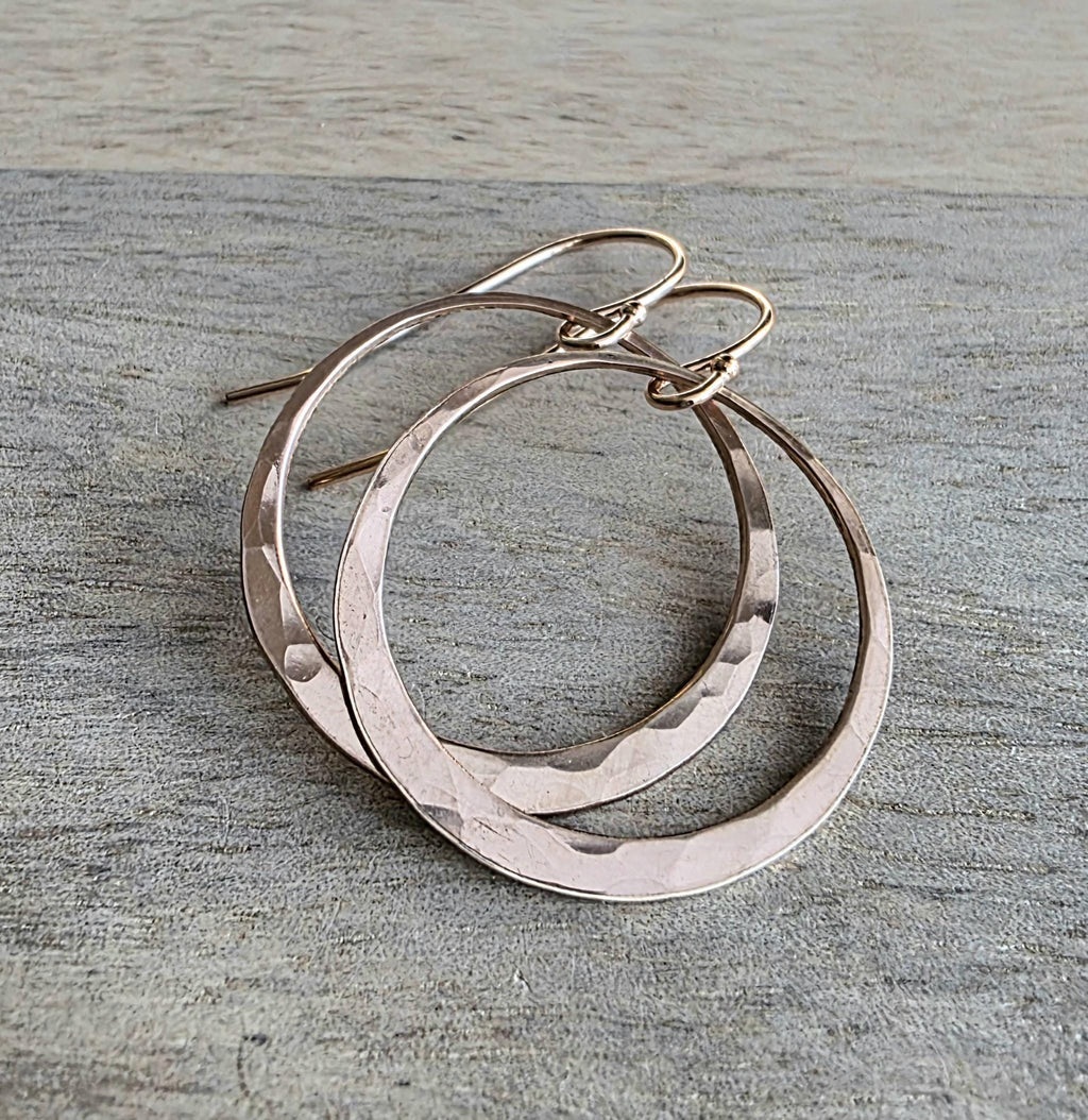 Hammered 14K Rose Gold Filled Hoop Earrings, Artisan French Wires