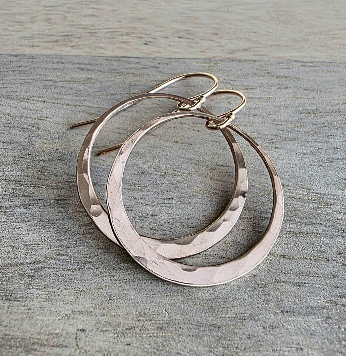 Hammered 14K Rose Gold Filled Hoop Earrings, Artisan French Wires