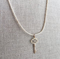 Gold Bronze Skeleton Key Pendant Necklace, Pearly Ivory Glass Seed Bead Chain, 14K Gold Filled Clasp