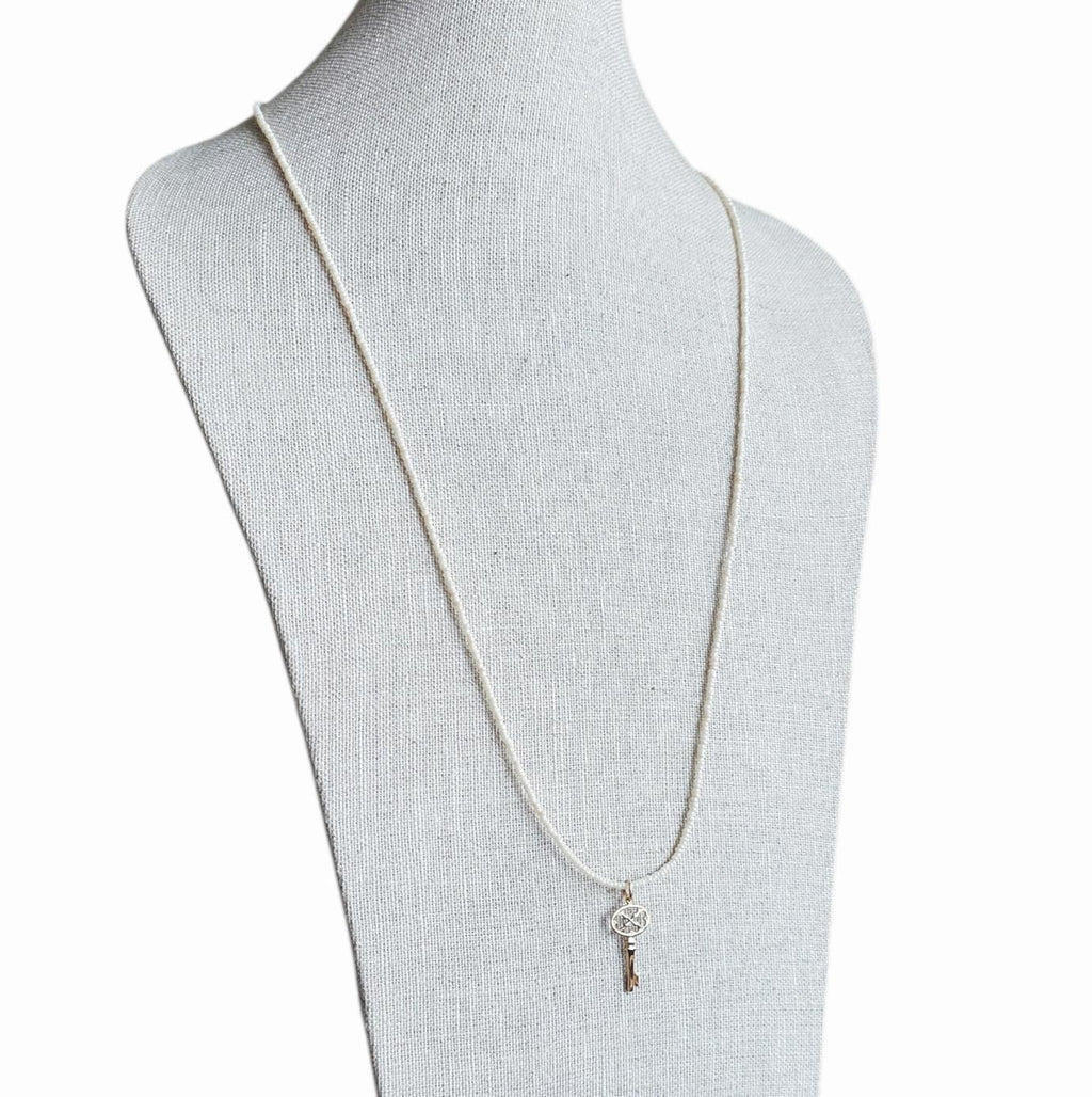 Gold Bronze Skeleton Key Pendant Necklace, Pearly Ivory Glass Seed Bead Chain, 14K Gold Filled Clasp