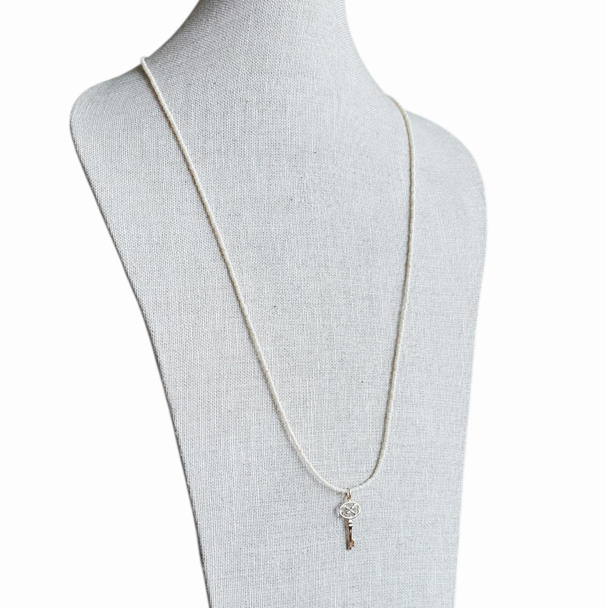 Gold Bronze Skeleton Key Pendant Necklace, Pearly Ivory Glass Seed Bead Chain, 14K Gold Filled Clasp