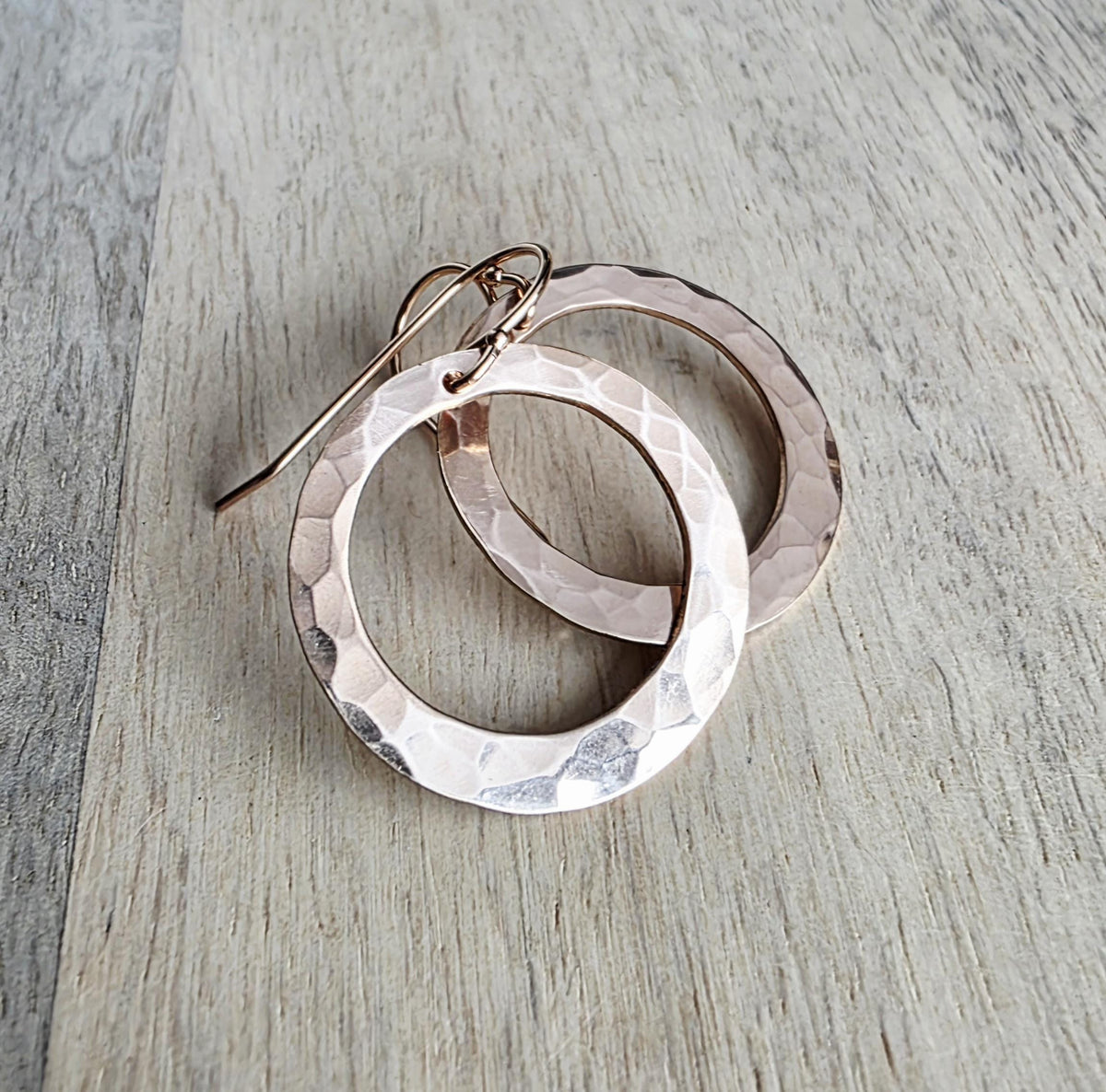 Hammered 14K Rose Gold Filled Hoop Earrings, Artisan French Ear Wires, 1 Inch