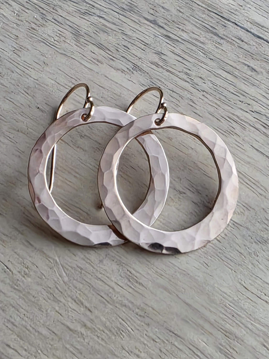 Hammered 14K Rose Gold Filled Hoop Earrings, Artisan French Ear Wires, 1 Inch