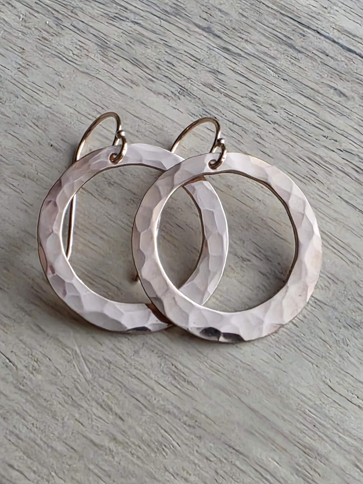 Hammered 14K Rose Gold Filled Hoop Earrings, Artisan French Ear Wires, 1 Inch