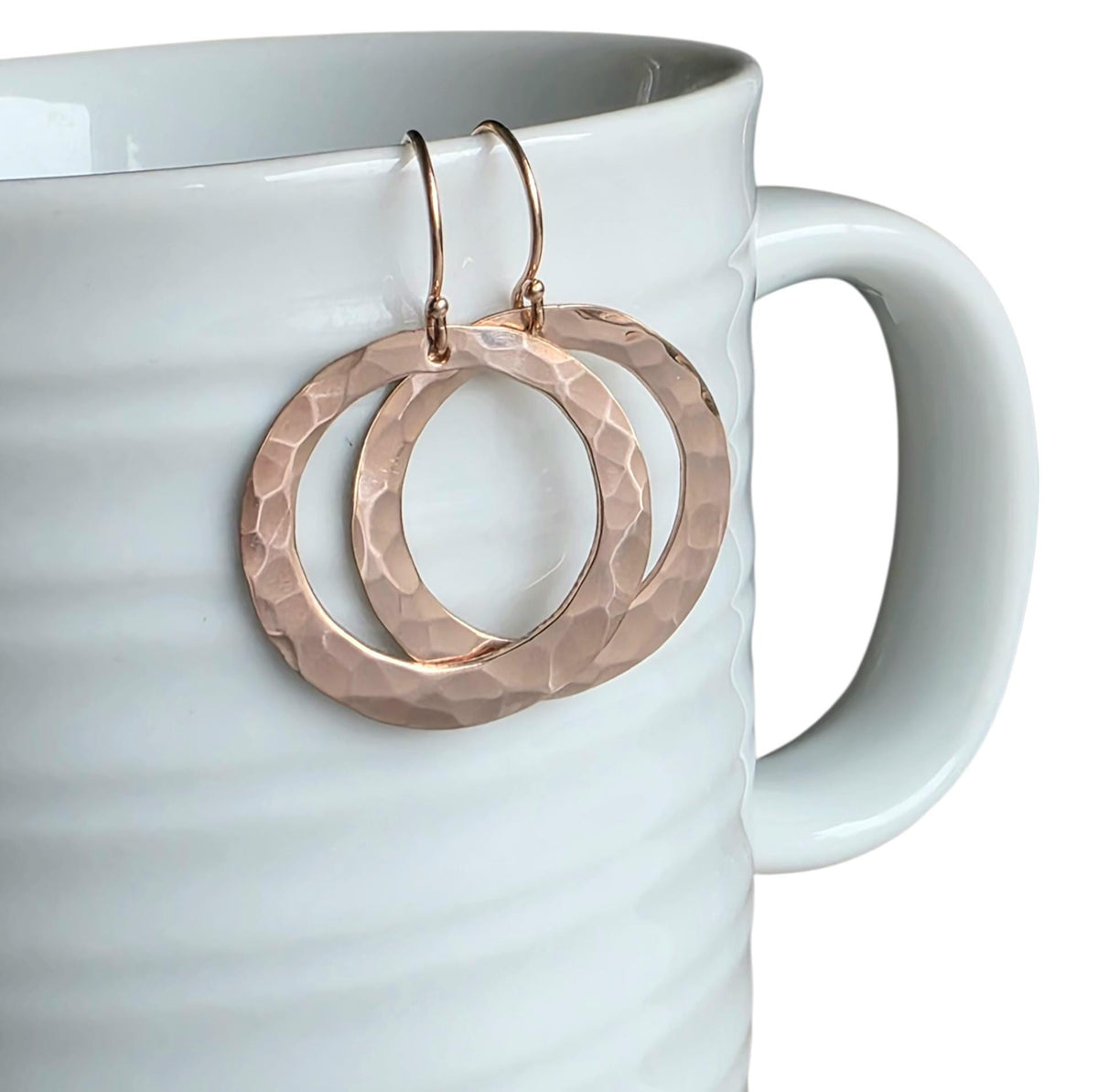 Hammered 14K Rose Gold Filled Hoop Earrings, Artisan French Ear Wires, 1 Inch