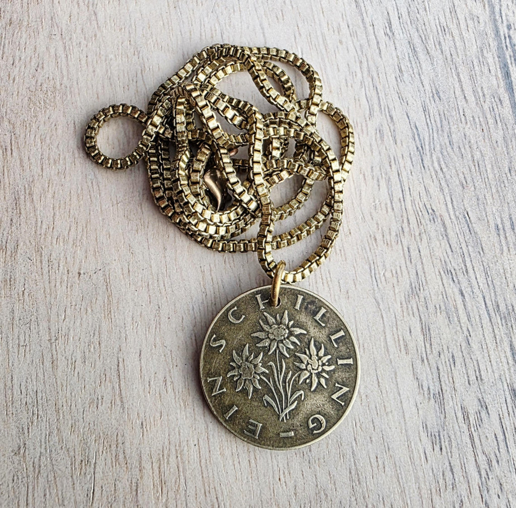 Austrian Schilling Flower Coin Necklace, Brass, Box Chain, Lobster Claw Clasp, Made in USA, Gift Boxed